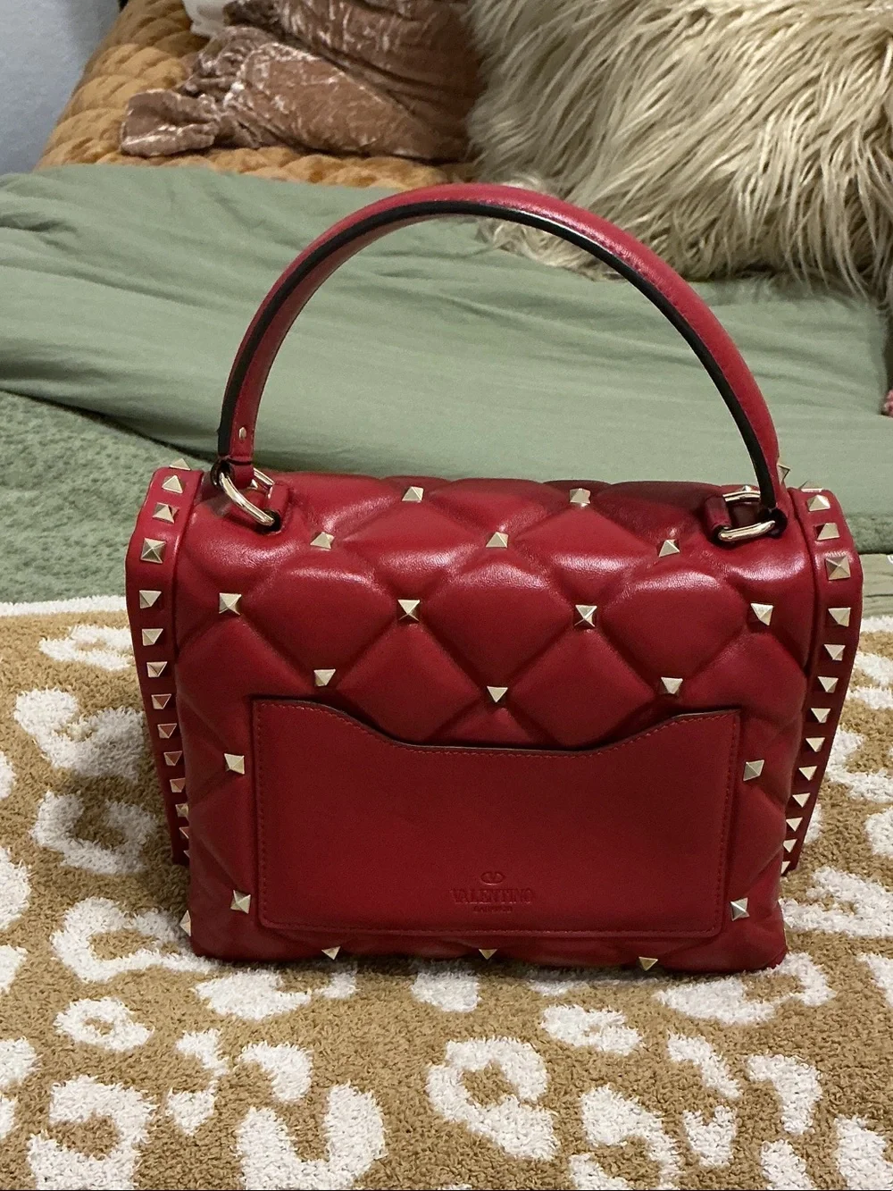 Valentino Red Quilted Rockstud Top-Handle Shoulder Bag